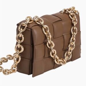 Woven Quilted Shoulder Bag with Dual Gold Chain Straps